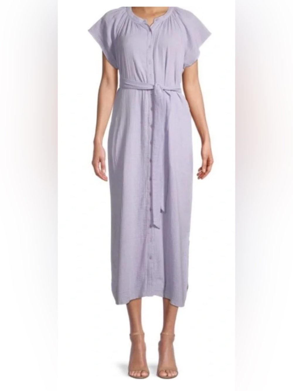 RD Style Lavender Cap Sleeve Muslin Button-Down Belted Midi Dress: Size M (8-10)